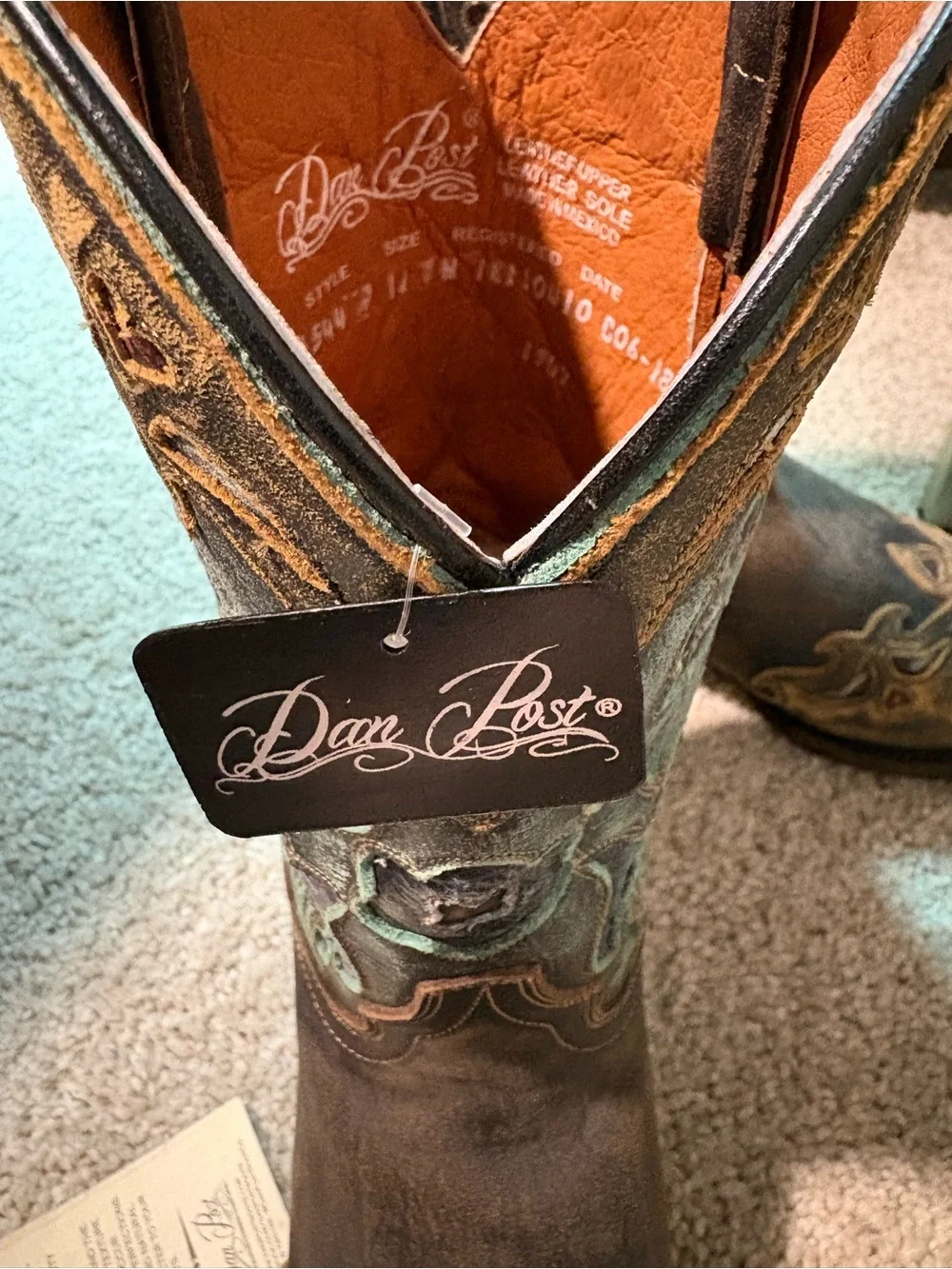NWT Dan Post Indie Western Cowboy Leather Brown Turquoise Embroidered Size 11